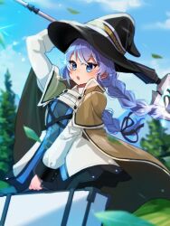 Rule 34 | 1girl, black hat, black shirt, blue eyes, blue hair, blurry, blurry background, blush, braid, breasts, brown cloak, cloak, commentary request, falling leaves, feet out of frame, forest, grey shirt, hair between eyes, hand on headwear, hat, highres, holding, holding suitcase, jacket, large hat, leaf, long hair, mountainous horizon, mushoku tensei, nature, open mouth, otyasukikamo, roxy migurdia, shirt, small breasts, solo, sparkle, suitcase, teeth, twin braids, upper teeth only, very long hair, white jacket, wind, witch hat