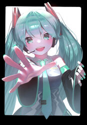 Rule 34 | 1girl, :d, aqua eyes, aqua hair, aqua nails, black border, border, commentary, detached sleeves, fourth wall, grey shirt, hatsune miku, headset, highres, long hair, nemu ringo, number tattoo, open mouth, outside border, reaching, reaching towards viewer, shirt, smile, solo, tattoo, teeth, twintails, upper teeth only, vocaloid, white background