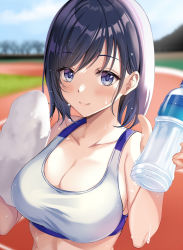 Rule 34 | 1girl, black hair, blue eyes, blue sky, bottle, breasts, cleavage, closed mouth, cloud, collarbone, commentary request, harimoji, holding, holding bottle, holding towel, large breasts, looking at viewer, original, outdoors, short hair, sky, smile, solo, sports bra, sweat, towel, upper body, water bottle