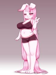 Rule 34 | 1girl, :3, absurdly long hair, animal ears, black bra, black shorts, blush, bra, breasts, cleavage, covered erect nipples, dolphin shorts, fewer digits, full body, furry, furry female, hair ornament, hairclip, hand up, highres, kionant, large breasts, legs together, long hair, looking at viewer, midriff, molly (kionant), navel, original, pink eyes, pink hair, rabbit ears, rabbit girl, rabbit tail, seductive smile, shorts, smile, solo, standing, tail, underwear, v, very long hair