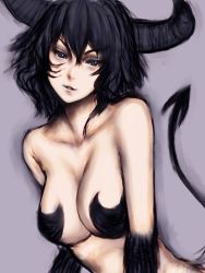 Rule 34 | 1girl, bare shoulders, black eyes, black hair, breasts, cleavage, demon girl, demon tail, fumio (rsqkr), horns, large breasts, original, short hair, sketch, solo, tail