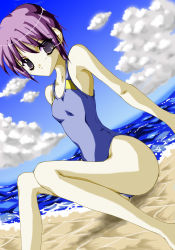 Rule 34 | 00s, 1girl, absurdres, beach, blue sky, brown eyes, closed mouth, cloud, competition swimsuit, highres, jun, looking at viewer, nagato yuki, ocean, one-piece swimsuit, purple hair, sand, sitting, solo, suzumiya haruhi no yuuutsu, swimsuit, water