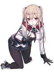 Rule 34 | 10s, 1girl, akasaai, anchor, black gloves, black pantyhose, blonde hair, blue eyes, blush, grabbing another&#039;s breast, breast hold, breasts, capelet, celtic knot, commentary request, female focus, full body, gloves, grabbing, graf zeppelin (kancolle), hair between eyes, hair ribbon, hand on own chest, hat, unworn hat, unworn headwear, kantai collection, kneeling, large breasts, long hair, looking at viewer, md5 mismatch, miniskirt, open mouth, pantyhose, pleated skirt, resized, ribbon, grabbing own breast, simple background, skirt, solo, twintails, white background