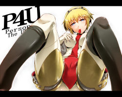 Rule 34 | 1girl, aegis (persona), android, atlus, blonde hair, blue eyes, cameltoe, mouth hold, necktie, persona, persona 3, persona 4: the ultimate in mayonaka arena, robot, segami daisuke, short hair, solo, spread legs, thighhighs, thighhighs pull