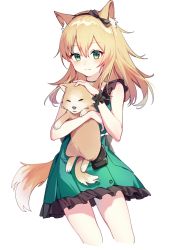 Rule 34 | 1girl, animal, animal ear fluff, animal ears, arknights, black choker, black hairband, black wristband, blonde hair, blush, chinese commentary, choker, commentary, cowboy shot, cropped legs, dog, dog ears, dog girl, dog tail, dress, frilled dress, frills, green dress, green eyes, hairband, headpat, highres, holding, holding animal, holding dog, long hair, looking at viewer, official alternate costume, petting, podenco (arknights), podenco (wake up from a nap) (arknights), simple background, smile, solo, tail, white background, yunweishukuang