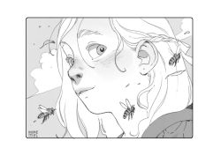 Rule 34 | 1girl, bee, blush, border, braid, bug, carlotta dicataldo, close-up, cloud, eyebrows, french braid, from side, greyscale, hair behind ear, half updo, halftone, highres, insect, leaf, looking to the side, medium hair, monochrome, nose, nose blush, nostrils, original, outdoors, parted lips, portrait, rebis (carlotta dicataldo), rounded corners, signature, smile, solo, thick eyebrows, white border, wind