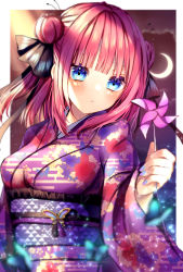 Rule 34 | 1girl, black ribbon, blue eyes, blunt bangs, blush, breasts, bug, butterfly, butterfly brooch, butterfly hair ornament, double bun, floral print, go-toubun no hanayome, hair bun, hair ornament, highres, insect, japanese clothes, kimono, large breasts, moon, multicolored nails, nail polish, nakano nino, night, outdoors, pink hair, purple kimono, raised eyebrows, ribbon, twintails, windmill, xx momomo xx