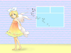 Rule 34 | 1girl, ataru (7noise), bad id, bad pixiv id, barefoot, blonde hair, dress, expressionless, full body, hair ornament, hairband, hairclip, kagamine rin, looking at viewer, solo, stuffed animal, stuffed rabbit, stuffed toy, vocaloid
