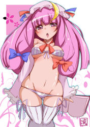 Rule 34 | 1girl, blush, book, bow, bow panties, bra, breasts, crescent, crescent hair ornament, front-tie top, groin, hair ornament, long hair, looking at viewer, namisawa, navel, panties, patchouli knowledge, purple eyes, purple hair, sketch, skindentation, solo, striped, thighhighs, touhou, underwear, underwear only