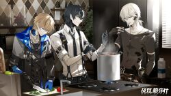 Rule 34 | 3boys, artist request, bandages, belt, black hair, blonde hair, blue eyes, cooking, cooking pot, cucumber, cutting, cutting board, dog tags, fingerless gloves, gloves, grey hair, headphones, heterochromia, highres, kitchen, knife, lee: entropy (punishing: gray raven), lee (punishing: gray raven), looking down, mechanical parts, milk, milk carton, monocle, multiple boys, muscular, necktie, noan: arca (punishing: gray raven), noan (punishing: gray raven), official art, oven, plant, ponytail, punishing: gray raven, short hair, steam, stirring, stove, tomato, wallpaper (object), watanabe (punishing: gray raven), window, yellow eyes