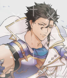 Rule 34 | 1boy, armor, black hair, braid, cape, diarmuid ua duibhne (lancer) (fate), diarmuid ua duibhne (saber) (fate), fate/grand order, fate (series), iash, looking at viewer, male focus, mole, mole under eye, simple background, single braid, sleeveless, smile, solo, upper body, white background, yellow eyes