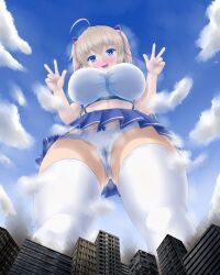 Rule 34 | 1girl, absurdres, aonagi ibane, blonde hair, blue eyes, blue skirt, breasts, building, city, cloud, cloudy sky, from below, giant, giantess, highres, large breasts, looking down, midriff, paid reward, size difference, skirt, sky, skyscraper, solo, thighhighs, underwear, v, white thighhighs