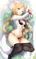 Rule 34 | 1girl, absurdres, animal ears, arms up, black bra, black panties, black pantyhose, blade &amp; soul, blonde hair, blue eyes, bound, bound wrists, bra, breasts, cleavage, clothes pull, fox ears, fox tail, highres, keibeam, long hair, looking at viewer, lying, lyn (blade &amp; soul), medium breasts, multiple tails, navel, on side, open clothes, open shirt, panties, pantyhose, pantyhose pull, partially submerged, ribbon, shirt, solo, tail, thighs, underwear, water, wet, wet clothes, white shirt