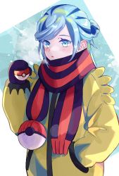 Rule 34 | 1boy, blue eyes, blue hair, blush, breath, commentary request, creatures (company), eyelashes, game freak, grusha (pokemon), hand in pocket, hand up, highres, holding, holding poke ball, jacket, kinokino1234568, long hair, long sleeves, male focus, nintendo, parted lips, poke ball, poke ball (basic), poke ball print, pokemon, pokemon sv, scarf, solo, striped clothes, striped scarf, upper body, yellow jacket