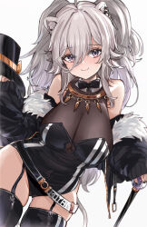 Rule 34 | 1girl, adapted costume, animal ear fluff, animal ears, appleseed (appleseed art), bare shoulders, belt, black belt, black bodysuit, black bow, black bowtie, black jacket, black leotard, black thighhighs, bodysuit, bow, bowtie, breasts, cleavage, cleavage cutout, clothing cutout, collar, commentary, covered navel, cowboy shot, cropped legs, curvy, detached collar, ear piercing, fang, fur-trimmed jacket, fur trim, garter straps, grey eyes, grey hair, hair between eyes, hand up, hat, holding, holding clothes, holding hat, holding staff, hololive, jacket, jewelry, large breasts, leotard, lion ears, lion girl, lion tail, long hair, long sleeves, looking at viewer, messy hair, necklace, o-ring, o-ring belt, off shoulder, piercing, playboy bunny, puffy long sleeves, puffy sleeves, shishiro botan, shishiro botan (1st costume), simple background, skin fang, skindentation, sleeveless, sleeveless bodysuit, sleeves past wrists, slit pupils, smile, solo, staff, tail, thick thighs, thighhighs, thighs, twintails, unworn hat, unworn headwear, virtual youtuber, white background, white collar