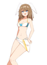 Rule 34 | bikini, blue eyes, breasts, brown hair, chirun0, contrapposto, eunie (xenoblade), feet out of frame, halterneck, hand on own hip, head wings, highres, looking at viewer, medium breasts, medium hair, multi-strapped bikini bottom, multicolored bikini, multicolored clothes, navel, official alternate costume, open mouth, sarong, swimsuit, white background, white sarong, white wings, wings, xenoblade chronicles (series), xenoblade chronicles 3