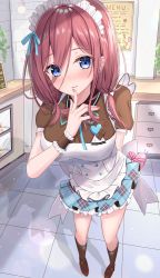 Rule 34 | 1girl, alternate costume, apron, arm behind back, blue eyes, blue ribbon, blue skirt, blush, box, breasts, brown hair, closed mouth, enmaided, finger to mouth, framed breasts, frilled apron, frills, full body, gift, go-toubun no hanayome, hair ribbon, hand up, heart, heart-shaped box, highres, holding, holding gift, indoors, large breasts, long hair, looking at viewer, maid, maid apron, maid cafe, maid headdress, nakano miku, neck ribbon, pleated skirt, rain sunny, ribbon, short sleeves, sidelocks, silhouette, skirt, solo, standing, tile floor, tiles, two-tone dress, waist apron, wrist cuffs