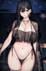 Rule 34 | 1girl, bikini, black bikini, black hair, blurry, blurry background, blush, breasts, classy-black-haired girl (hayabusa), cleavage, collarbone, commentary request, cowboy shot, earrings, hayabusa (vert 320), highleg, highleg bikini, highres, jewelry, large breasts, long hair, mole, mole under eye, mole under mouth, navel, necklace, night, original, outdoors, parted lips, purple eyes, see-through, side-tie bikini bottom, signature, slit pupils, solo, stomach, swimsuit, thigh gap, thigh strap, thighs