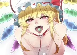 Rule 34 | 1girl, all fours, blonde hair, collar, female focus, flandre scarlet, flat chest, gluteal fold, hair ribbon, hat, heart, heart-shaped pupils, human toilet, leash, long hair, looking at viewer, nicutoka, nipples, nude, open mouth, red eyes, ribbon, saliva, simple background, slave, solo, symbol-shaped pupils, teeth, tongue, tongue out, touhou, uvula, white background, wings