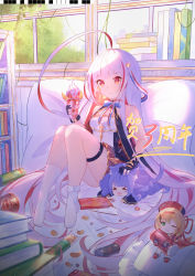 Rule 34 | 1girl, absurdly long hair, absurdres, ahoge, azur lane, backlighting, black gloves, book, book stack, bookshelf, breasts, can, candy, character doll, chinese commentary, chips (food), closed mouth, commentary request, drink can, fingerless gloves, food, gloves, hair ribbon, highres, huge ahoge, indoors, knees up, long hair, meowfficer (azur lane), multicolored hair, naycot, neck ribbon, no shoes, parfait, pillow, pocky, potato chips, pringles, red eyes, red hair, ribbon, sidelocks, silver hair, sitting, sleeveless, small breasts, snack, socks, soda can, solo, southampton (azur lane), streaked hair, thigh strap, vauquelin (azur lane), very long hair, white socks, window, wrapped candy