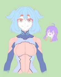 aria_rin blue_eyes blue_hair breasts highres imamura_cross_(artist) indie_virtual_youtuber long_hair mecha_pilot mecha_pilot_suit medium_breasts original plugsuit purple_eyes purple_hair short_hair smile thick_eyebrows virtual_youtuber vividly_vivi