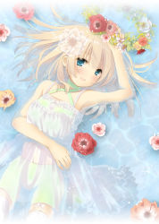 Rule 34 | 1girl, armpits, bad id, bad pixiv id, bare shoulders, blonde hair, blue eyes, camellia, dress, flower, halterneck, head wreath, looking at viewer, lying, on back, original, pan (mimi), partially submerged, see-through, shallow water, shorts under dress, smile, solo, thighhighs, water, white dress, white thighhighs