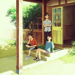 Rule 34 | 1girl, 2boys, androgynous, arm support, black eyes, black footwear, black pants, black shorts, blue shirt, brown hair, building, closed mouth, collarbone, collared shirt, commentary request, crossed arms, crossed legs, day, door, full body, grass, grey shirt, hair between eyes, hand up, head rest, looking at viewer, loose clothes, loose shirt, mac naut, multiple boys, open mouth, orange shirt, original, pants, pillar, school, shirt, shoes, short hair, short sleeves, shorts, sitting, sitting on stairs, smile, sneakers, stairs, summer, sunlight, touhokutou, juunana no sora, tree, unbuttoned, unbuttoned shirt, white footwear, window, wooden floor, yellow shirt