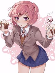 Rule 34 | 1girl, bare legs, blazer, blue skirt, blush, breasts, brown jacket, collared shirt, commentary, cowboy shot, cupcake, doki doki literature club, eyelashes, fang, food, hair ornament, highres, icing, jacket, long sleeves, looking at viewer, medium breasts, miniskirt, natsuki (doki doki literature club), neck ribbon, open mouth, orange vest, pastry bag, pink hair, pleated skirt, purple eyes, red ribbon, ribbon, school uniform, setuji, shirt, short hair, short sidetail, simple background, skirt, solo, standing, swept bangs, thighs, vest, white background, white shirt, wing collar, x hair ornament