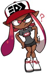 Rule 34 | 1girl, ?, baseball cap, bike shorts, breasts, closed mouth, clothes writing, dark-skinned female, dark skin, female focus, full body, gradient hair, grey shirt, half-closed eye, hands on own hips, hat, inkling (language), inkling player character, jaggy lines, knees together feet apart, leaning to the side, long hair, looking at viewer, matching hair/eyes, multicolored hair, nintendo, pink eyes, pink hair, pointy ears, purple hair, red hat, shiny skin, shirt, shoes, short sleeves, sideways mouth, simple background, small breasts, solo, splatoon (series), standing, suction cups, tentacle hair, tentacles, twintails, two-tone hair, uneven eyes, v-shaped eyebrows, very long hair, vilepluff, white background, white footwear