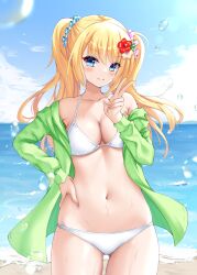 Rule 34 | 1girl, beach, bikini, blonde hair, blue eyes, blue sky, breasts, cleavage, cloud, commentary request, day, green jacket, hair flaps, hair ornament, hair scrunchie, highres, hood, hooded jacket, horizon, jacket, kin&#039;iro loveriche, kisaki reina, long hair, looking at viewer, medium breasts, ncontrail (mgax7527), ocean, open clothes, open jacket, original, outdoors, scrunchie, sky, solo, standing, swimsuit, twintails, v, white bikini