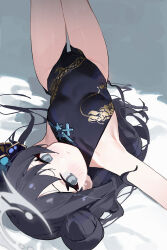 Rule 34 | 1girl, absurdres, armpits, black dress, black hair, blue archive, blush, breasts, butterfly hair ornament, china dress, chinese clothes, double bun, dragon print, dress, grey eyes, hair bun, hair ornament, highres, kisaki (blue archive), legs up, long hair, looking at viewer, lying, measho, on back, open mouth, sleeveless, sleeveless dress, small breasts, solo, twintails