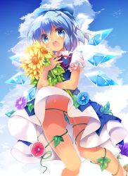 Rule 34 | 1girl, bad id, bad twitter id, blue bow, blue dress, blue eyes, blue hair, blue sky, bouquet, bow, cirno, cloud, convenient censoring, day, dress, flower, hair bow, ice, ice wings, looking at viewer, morning glory, natsuki yuu (amemizu), navel, no panties, open mouth, outdoors, short dress, short hair, short sleeves, sky, smile, solo, sunflower, touhou, wings