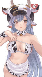 Rule 34 | 1girl, animal ears, animal print, apron, bare shoulders, bell, bikini, blue hair, blush, breasts, brown eyes, catura (granblue fantasy), cleavage, cow ears, cow girl, cow hat, cow horns, cow print, detached collar, draph, ear piercing, eyepatch bikini, frilled apron, frills, granblue fantasy, highres, horns, iiros, jingle bell, large breasts, long hair, looking at viewer, navel, open mouth, piercing, pointy ears, solo, swimsuit, thighs, waist apron, white apron, white bikini