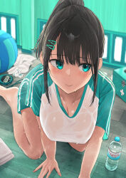 Rule 34 | 1girl, all fours, arm support, ball, bare legs, barefoot, blush, bottle, breasts, brown hair, closed mouth, green shirt, hair ornament, hairclip, highres, large breasts, light particles, looking away, noeru, original, raglan sleeves, shirt, short hair, short sleeves, sideways glance, solo, stopwatch, two-tone shirt, watch, water bottle, wet, white shirt