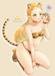 Rule 34 | 1boy, 1girl, animal ears, animal print, bare shoulders, bikini, blonde hair, blush, boots, braid, breasts, chibi, cleavage, dororon1, green eyes, hair ornament, hairclip, high heels, highres, knee boots, link, long hair, looking at another, navel, nintendo, open mouth, pointy ears, princess zelda, signature, sitting, small breasts, smile, stomach, swimsuit, tail, the legend of zelda, the legend of zelda: breath of the wild, thighs, tiger ears, tiger print, tiger tail, triforce
