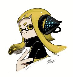 Rule 34 | 1girl, agent 3 (splatoon), artist name, black shirt, blonde hair, closed mouth, commentary request, cropped torso, headphones, high-visibility vest, high collar, highres, inkling, inkling girl, inkling player character, long hair, long sleeves, looking at viewer, nintendo, shirt, shogo (shogo70449442), smile, solo, splatoon (series), splatoon 1, suction cups, tentacle hair, twintails, v, v-shaped eyebrows, vest, white background, yellow eyes, yellow vest