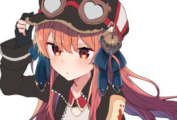 Rule 34 | 1girl, bad id, bad tumblr id, black gloves, black jacket, blush, brown eyes, closed mouth, gloves, goggles, goggles on head, hand up, hat, ikeuchi tanuma, jacket, long hair, long sleeves, looking at viewer, open clothes, open jacket, orange hair, original, partially fingerless gloves, simple background, solo, white background
