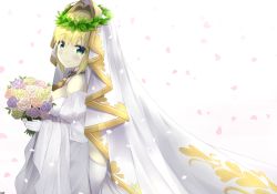 Rule 34 | 10s, 1girl, 7 calpis 7, ahoge, blonde hair, blush, bouquet, breasts, bridal veil, dress, fate/extra, fate/extra ccc, fate (series), flower, gloves, green eyes, holding, holding bouquet, large breasts, looking at viewer, nero claudius (bride) (fate), nero claudius (bride) (third ascension) (fate), nero claudius (fate), nero claudius (fate) (all), smile, solo, veil, wedding dress, white gloves
