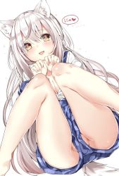 Rule 34 | 1girl, :3, animal ears, blue shorts, blush, braid, breasts, brown eyes, cat ears, cleavage, collarbone, dutch angle, facing viewer, fang, feet out of frame, from below, heart, highres, kamioka shun&#039;ya, long hair, looking at viewer, medium breasts, mihaku (kamioka shun&#039;ya), open clothes, open mouth, original, overall shorts, overalls, partially visible vulva, paw pose, shirt, shorts, sidelocks, simple background, sitting, smile, solo, speech bubble, spread legs, star (symbol), tail, upshorts, very long hair, white background, white hair, white shirt