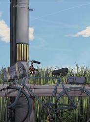Rule 34 | bag, bicycle, bicycle basket, blue bag, blue sky, bow, bowtie, brown bow, charm (object), cloud, commentary request, crescent, crescent pin, day, diagonal-striped bow, diagonal-striped bowtie, diagonal-striped clothes, diagonal-striped neckwear, field, grass, highres, hiwonoafu, no humans, original, outdoors, plant, scenery, sky, striped bow, striped bowtie, striped clothes, striped neckwear, two-tone bow, unworn bowtie, unworn neckwear, utility pole, white bow