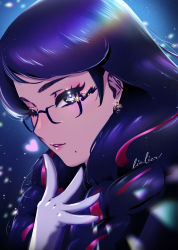 Rule 34 | 1girl, absurdres, artist name, bayonetta, bayonetta (series), bayonetta 3, black hair, blowing kiss, braid, commentary, earrings, eyeshadow, glasses, gloves, hand up, highres, jewelry, kiss, lialiar1, lips, long hair, looking at viewer, makeup, mole, mole under mouth, multicolored hair, one eye closed, parted lips, red hair, signature, simple background, smile, solo, twin braids, twintails, two-tone hair, upper body, white gloves