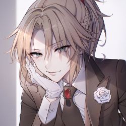 Rule 34 | 1girl, bambi-25, black jacket, blonde hair, boutonniere, braid, brown vest, fate/grand order, fate (series), flower, french braid, gloves, green eyes, hair ornament, hair scrunchie, heroic spirit traveling outfit, highres, jacket, lapels, looking at viewer, mordred (fate), mordred (fate/apocrypha), mordred (formal dress) (fate), necktie, peaked lapels, ponytail, red scrunchie, rose, scrunchie, shirt, smirk, solo, upper body, vest, white background, white flower, white gloves, white rose, white shirt