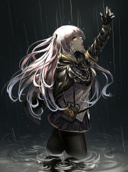 Rule 34 | 1girl, absurdres, alswp5806, arm up, black gloves, black jacket, black pantyhose, black skirt, breasts, commentary, fingerless gloves, girls&#039; frontline, gloves, glowing, glowing eyes, grey hair, grey shirt, hair between eyes, hair ornament, hand on own cheek, hand on own face, hand up, highres, jacket, long hair, long sleeves, looking away, looking up, medium breasts, one side up, open clothes, open jacket, open mouth, pantyhose, pleated skirt, rain, ripples, shirt, skirt, solo, teeth, ump45 (girls&#039; frontline), upper teeth only, very long hair, wading, water, yellow eyes