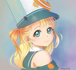 Rule 34 | 1girl, band uniform, bare shoulders, blonde hair, close-up, detached sleeves, green eyes, hat, looking at viewer, marching band, multicolored hair, one side up, orange hair, pengin pina, penguin girl, pengy time, portrait, prism project, shako cap, smile, solo, two-tone hair, virtual youtuber