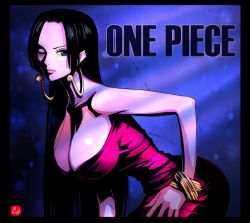 Rule 34 | 1girl, ass, bare arms, bare shoulders, bent over, black hair, blue eyes, boa hancock, bracelet, breasts, cleavage, curvy, dress, earrings, hip focus, jewelry, large breasts, long hair, one eye closed, one piece, red dress, solo, wide hips, wink