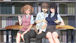 Rule 34 | 1boy, 2girls, black hair, blush, book, bookshelf, grabbing another&#039;s breast, breasts, brown eyes, brown hair, cellphone, censored, chair, embarrassed, erection, grabbing, hand up, highres, holding, holding phone, indoors, large breasts, legs, library, long hair, looking at another, medium breasts, mob ppoi shigeo kun ga guuzen saimin no chikara wo te ni irete, mosaic censoring, motion lines, multiple girls, no eyes, open mouth, original, penis, phone, sakura kanawo, school uniform, sitting, skirt, smartphone, table, thighs, twintails, two side up, unzipped