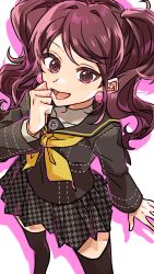 Rule 34 | 1girl, black thighhighs, brown eyes, brown hair, collarbone, earrings, from above, hand to own mouth, highres, jewelry, kujikawa rise, looking at viewer, maitakepasuta, open mouth, persona, persona 4, pleated skirt, sailor collar, school uniform, shadow, skirt, smile, solo, swept bangs, thighhighs, thighs, twintails, white background, yasogami school uniform