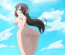 Rule 34 | 1girl, abridged-satoko, ass, ass focus, backboob, breasts, highres, huge ass, katsura kotonoha, large breasts, looking at viewer, school days, solo, standing