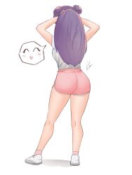 Rule 34 | 1girl, absurdres, adjusting hair, ankle socks, ass, dolphin shorts, double bun, full body, geraldjess1, hair bun, hands on own head, happy, highres, long hair, pantylines, pink shawl, pink socks, purple hair, ranma 1/2, shampoo (ranma 1/2), shawl, shirt, shirt tucked in, shorts, slippers, socks, solo, spoken expression, white background, white shirt