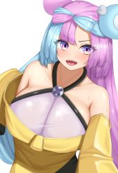 Rule 34 | 1girl, absurdres, alternate breast size, bare shoulders, black jacket, blue hair, bow-shaped hair, breasts, character hair ornament, collarbone, creatures (company), game freak, gen 1 pokemon, grey shirt, hair ornament, highres, huge breasts, iono (pokemon), jacket, light blue hair, long sleeves, looking at viewer, magnemite, multicolored clothes, multicolored hair, multicolored jacket, nintendo, open mouth, oversized clothes, pink eyes, pink hair, pokemon, pokemon sv, sharen, sharp teeth, shirt, simple background, sleeveless, sleeveless shirt, sleeves past fingers, sleeves past wrists, solo, split-color hair, teeth, tongue, two-tone hair, two-tone jacket, v-shaped eyebrows, very long sleeves, white background, x, yellow jacket